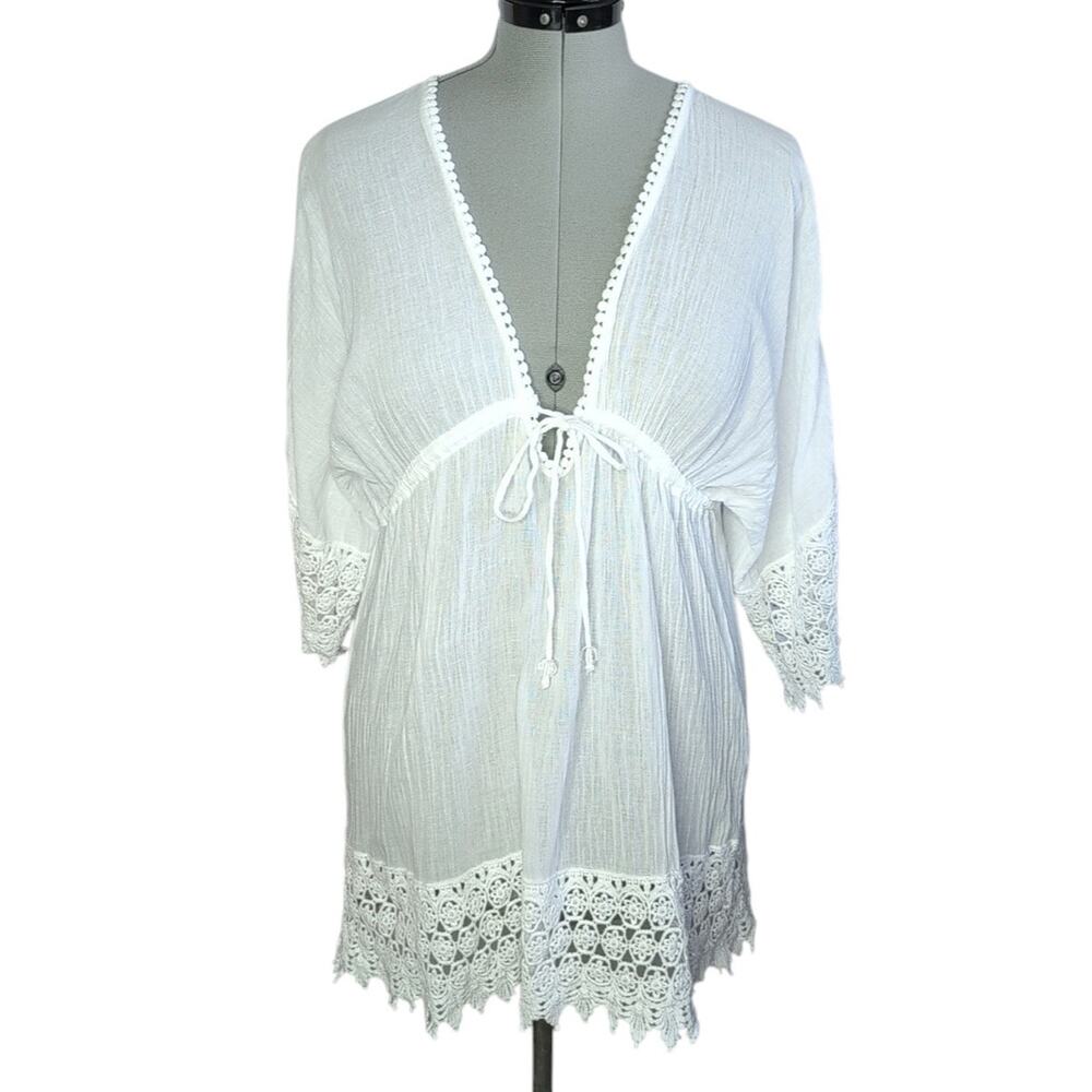 Blue Island semi sheer white cotton swim cover-up, Vacation, Beach, Casual